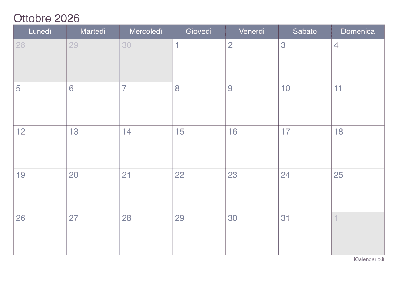 Calendario d'ottobre 2026 - Office