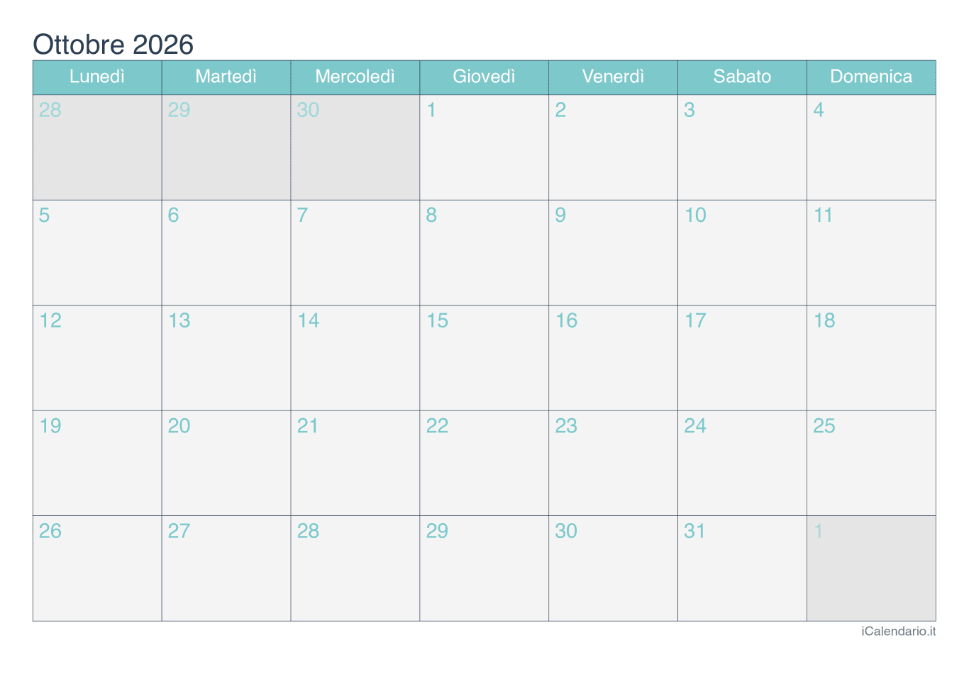 Calendario d'ottobre 2026 - Turchese