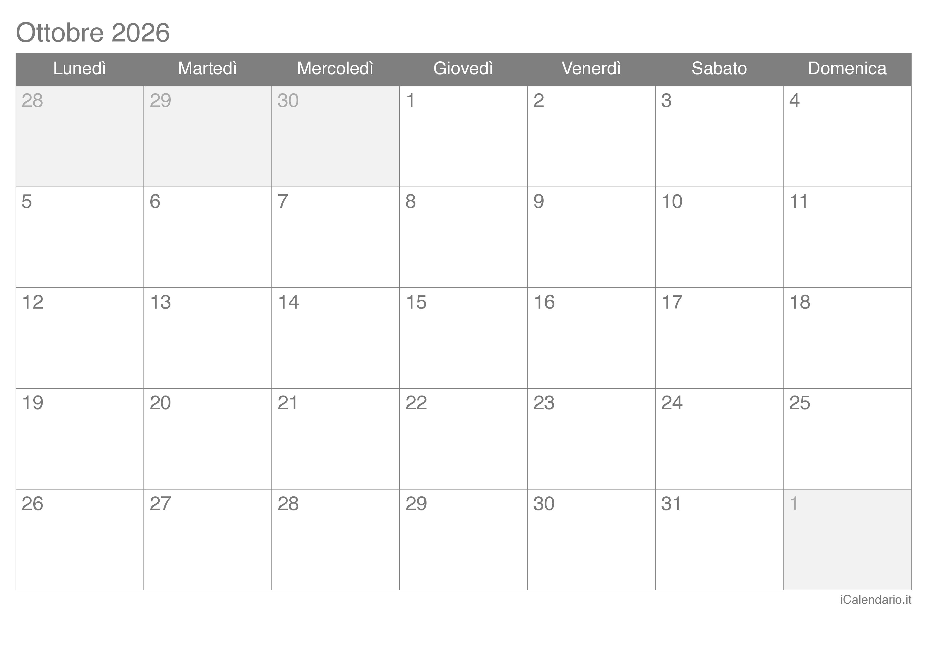 Calendario Ottobre 2026 Da Stampare Calendario Ottobre 2026 Da Stampare