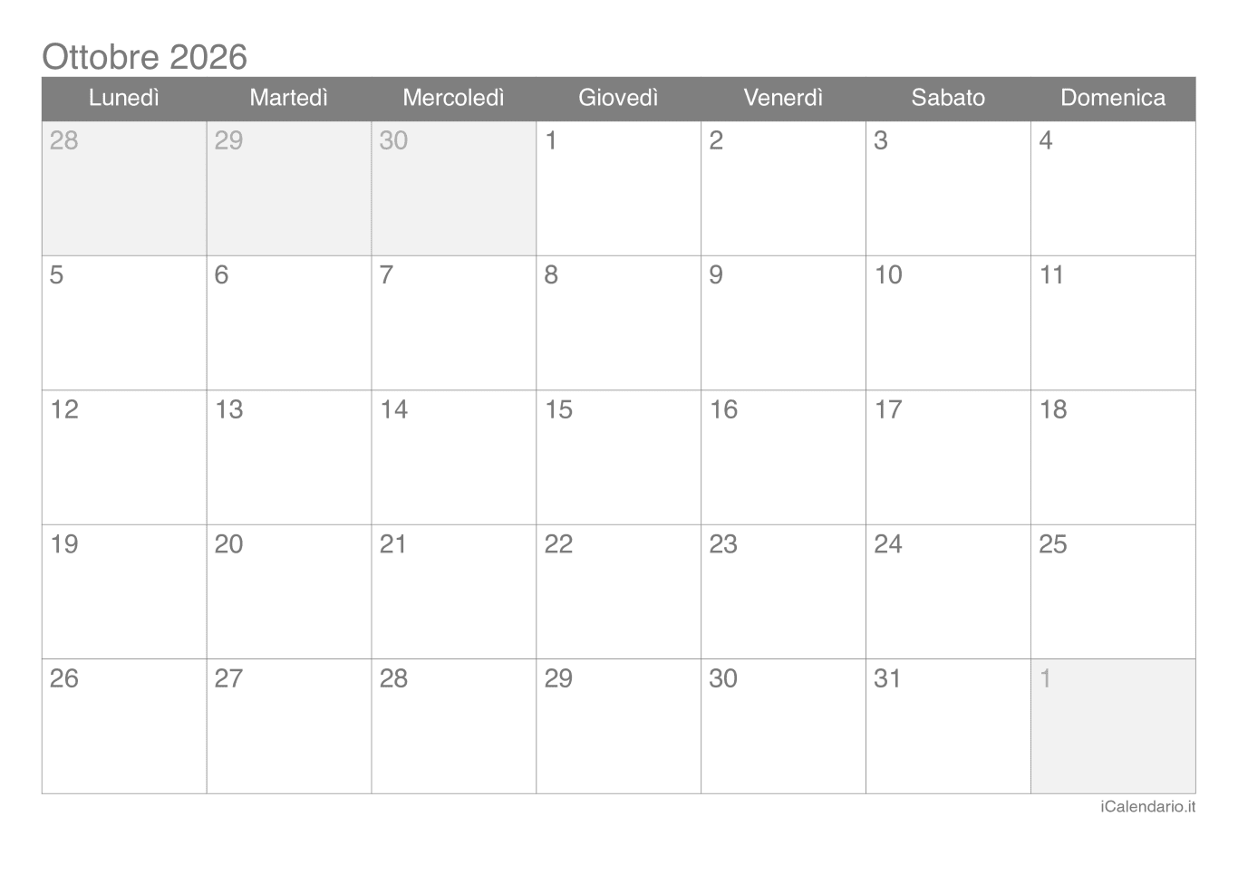 Calendario d'ottobre 2026