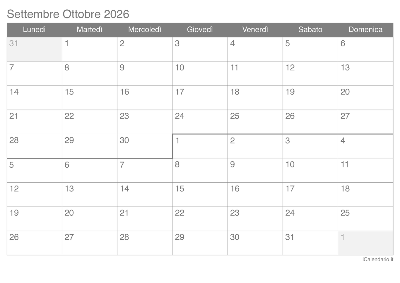 Calendario di settembre ottobre 2026