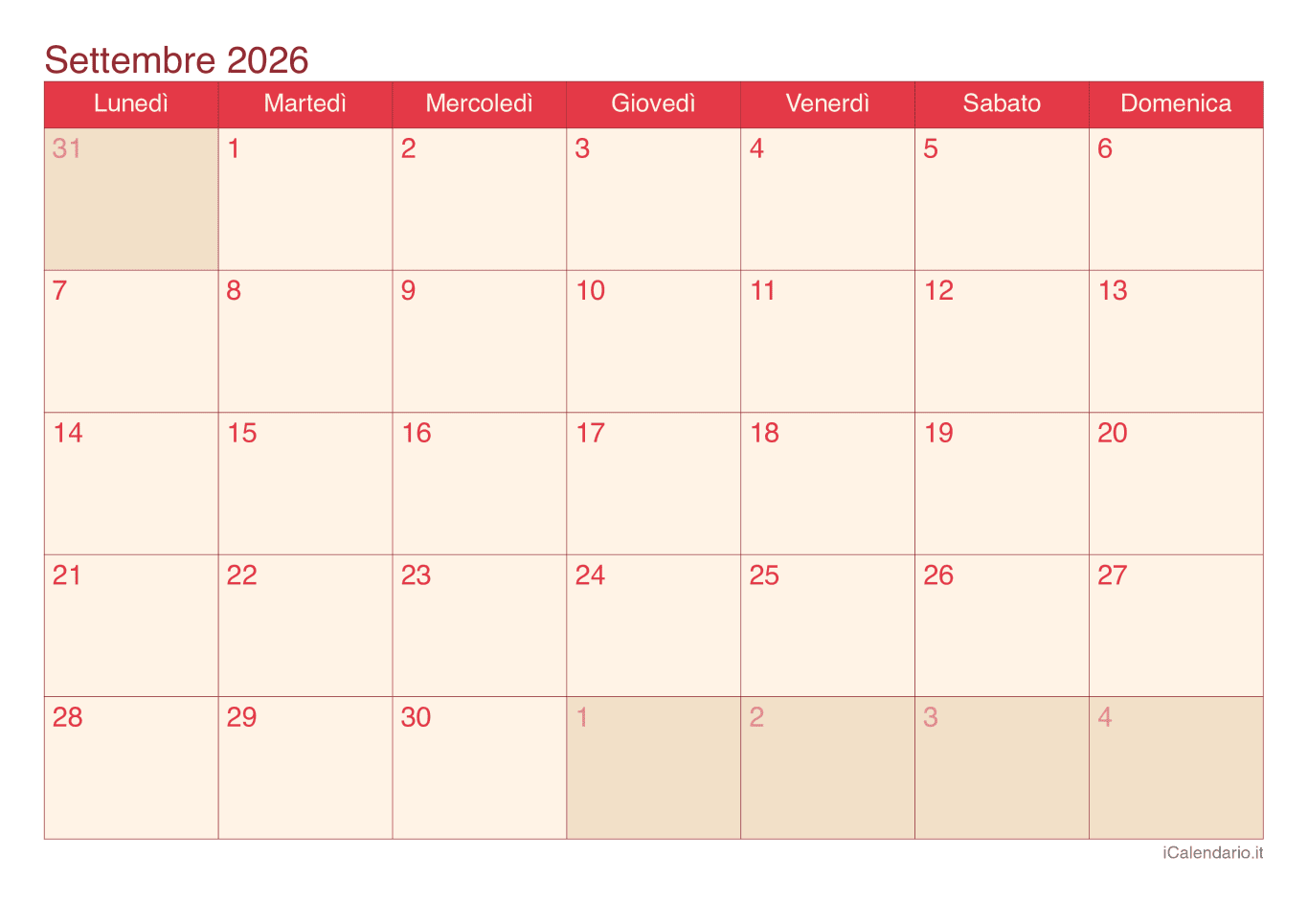 Calendario de settembre 2026 - Cherry