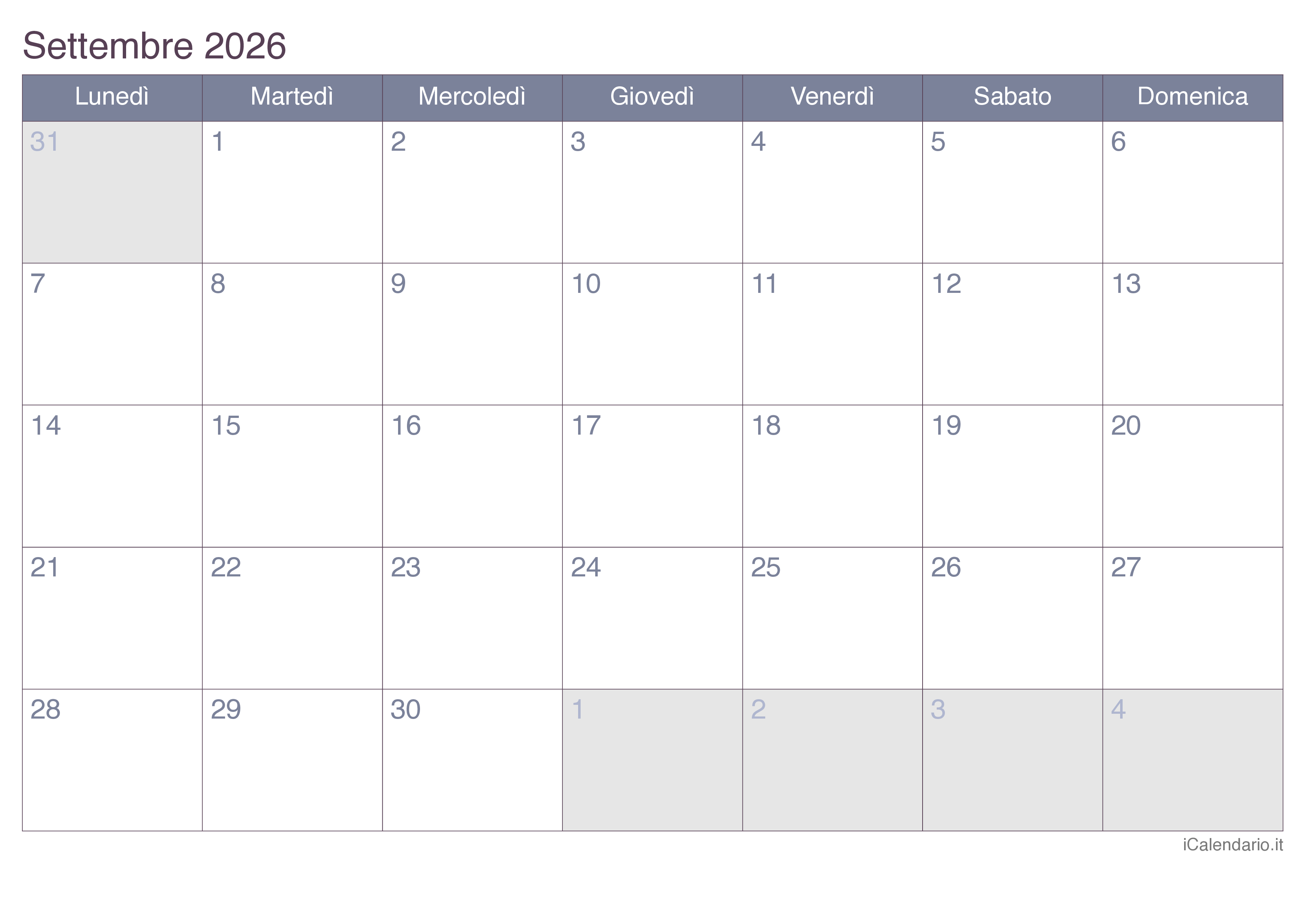 Calendario Settembre 2026 Da Stampare Calendario Settembre 2026 Da Stampare