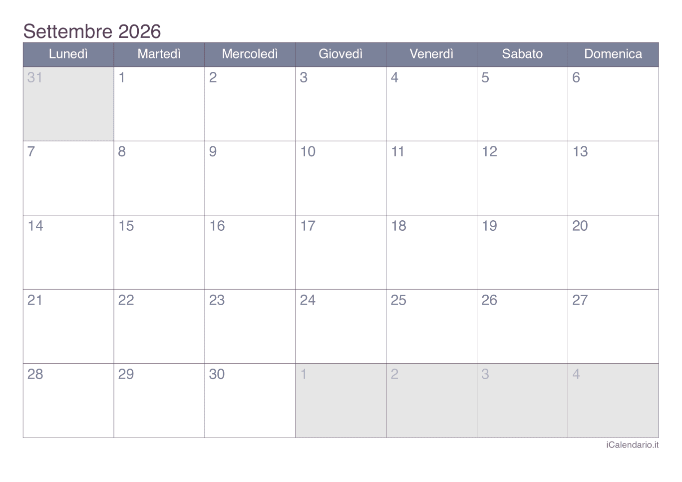 Calendario de settembre 2026 - Office