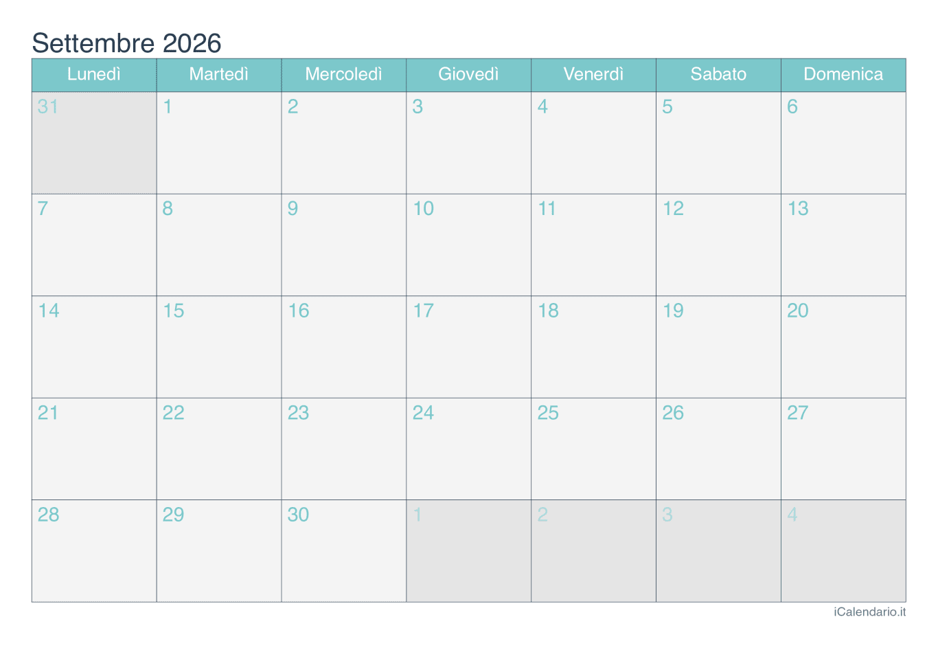 Calendario de settembre 2026 - Turchese