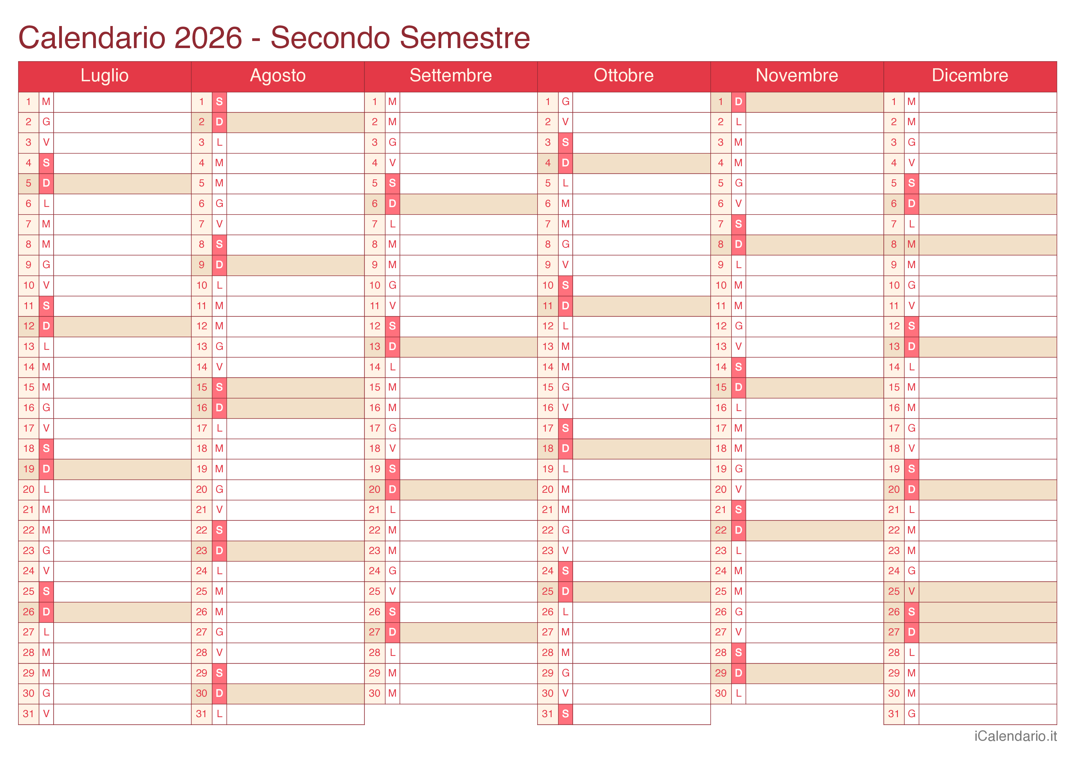 Calendario 2026 Mensile Da Stampare Bandiera