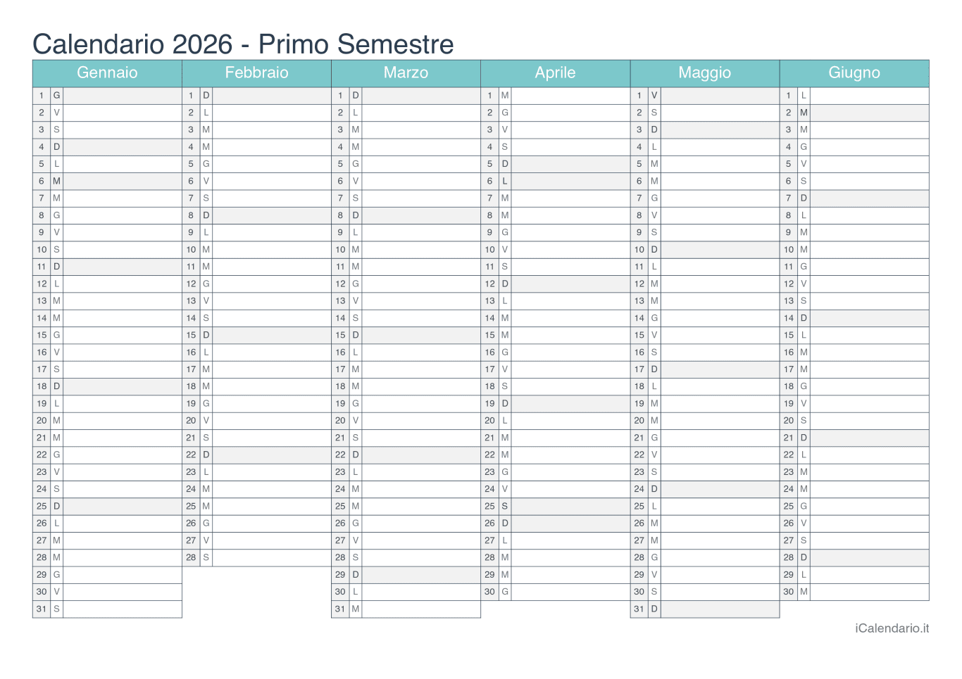 Calendario semestrale 2026 - Turchese