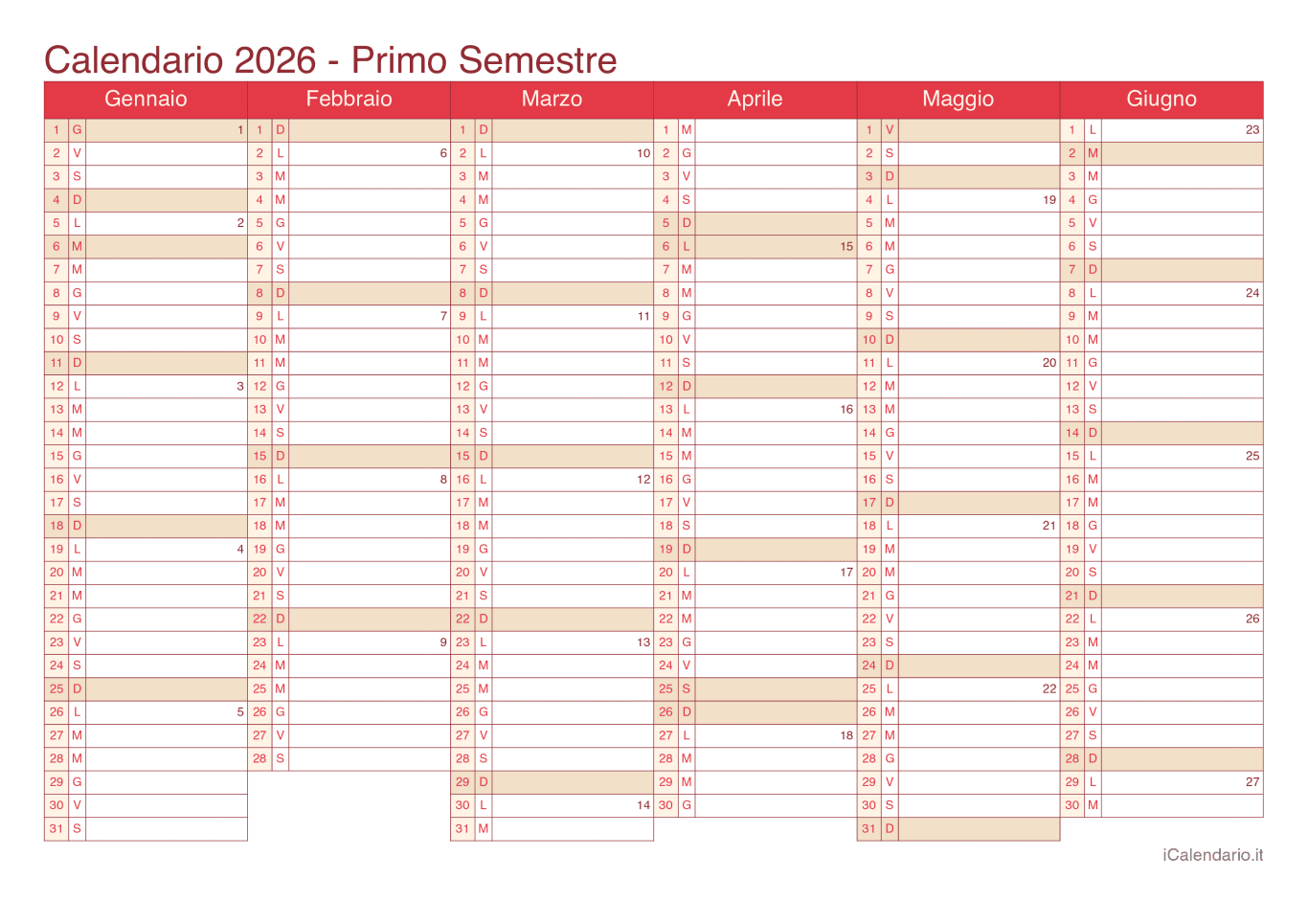 Calendario semestrale con numeri delle settimane 2026 - Cherry