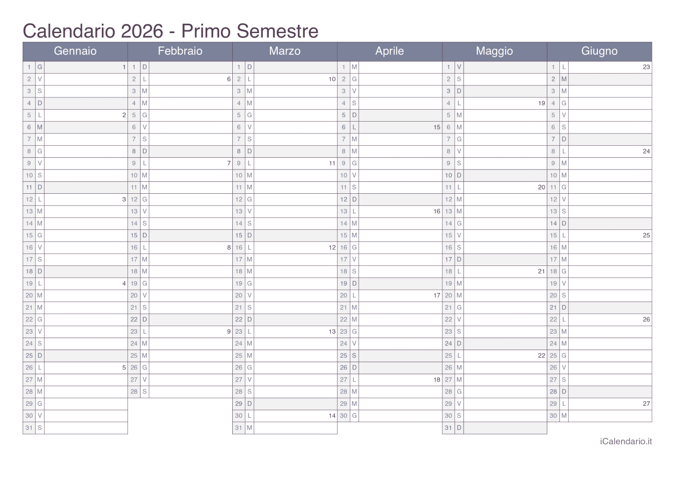 Calendario semestrale con numeri delle settimane 2026 - Office