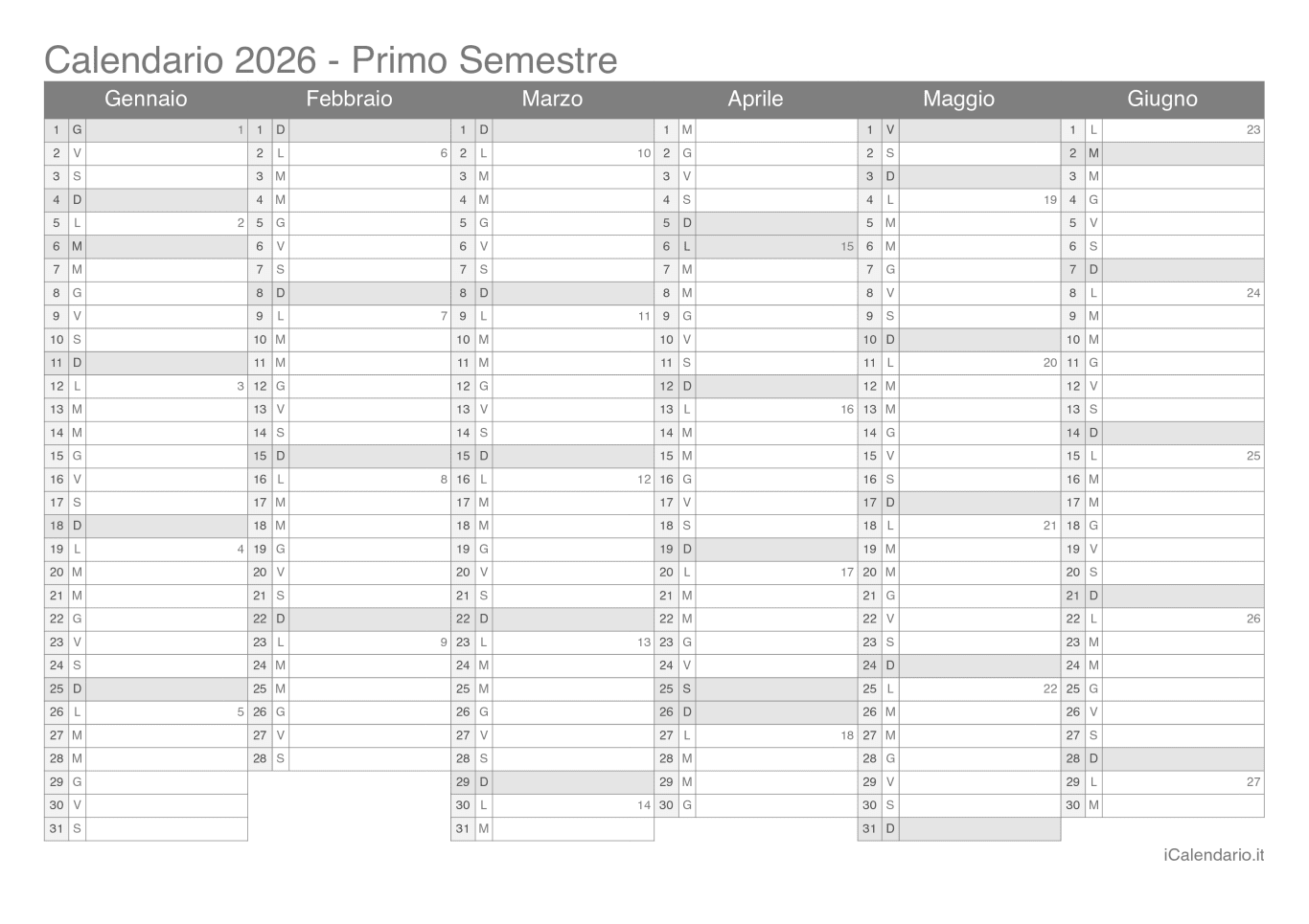 Calendario semestrale con numeri delle settimane 2026