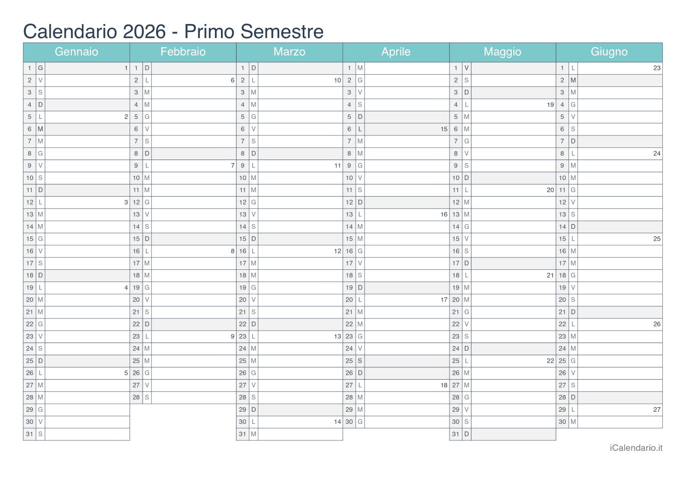 Calendario semestrale con numeri delle settimane 2026 - Turchese