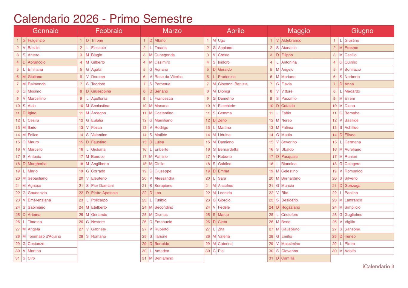 Calendario semestrale 2026 con santi e festivi - Cherry