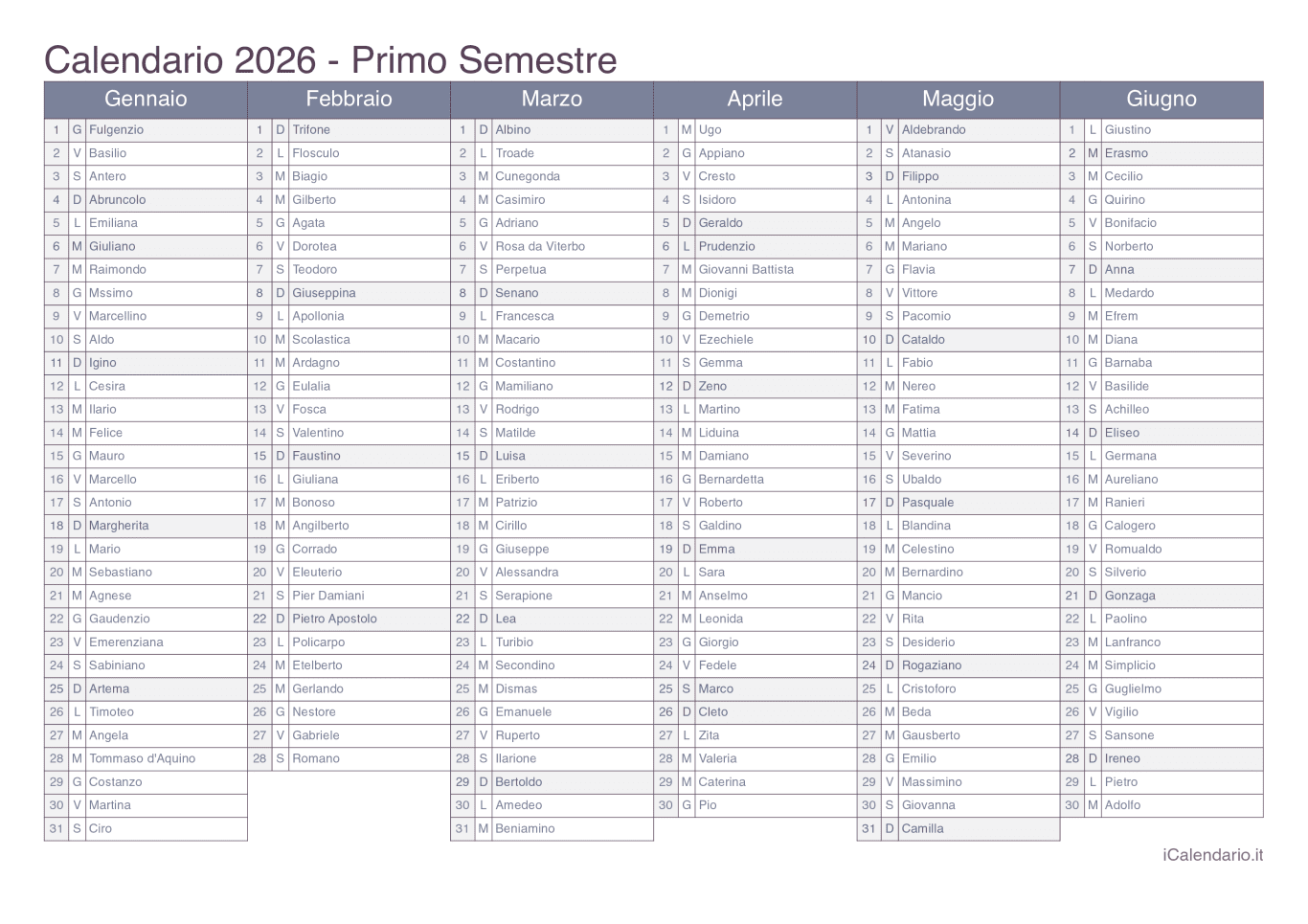 Calendario semestrale 2026 con santi e festivi - Office