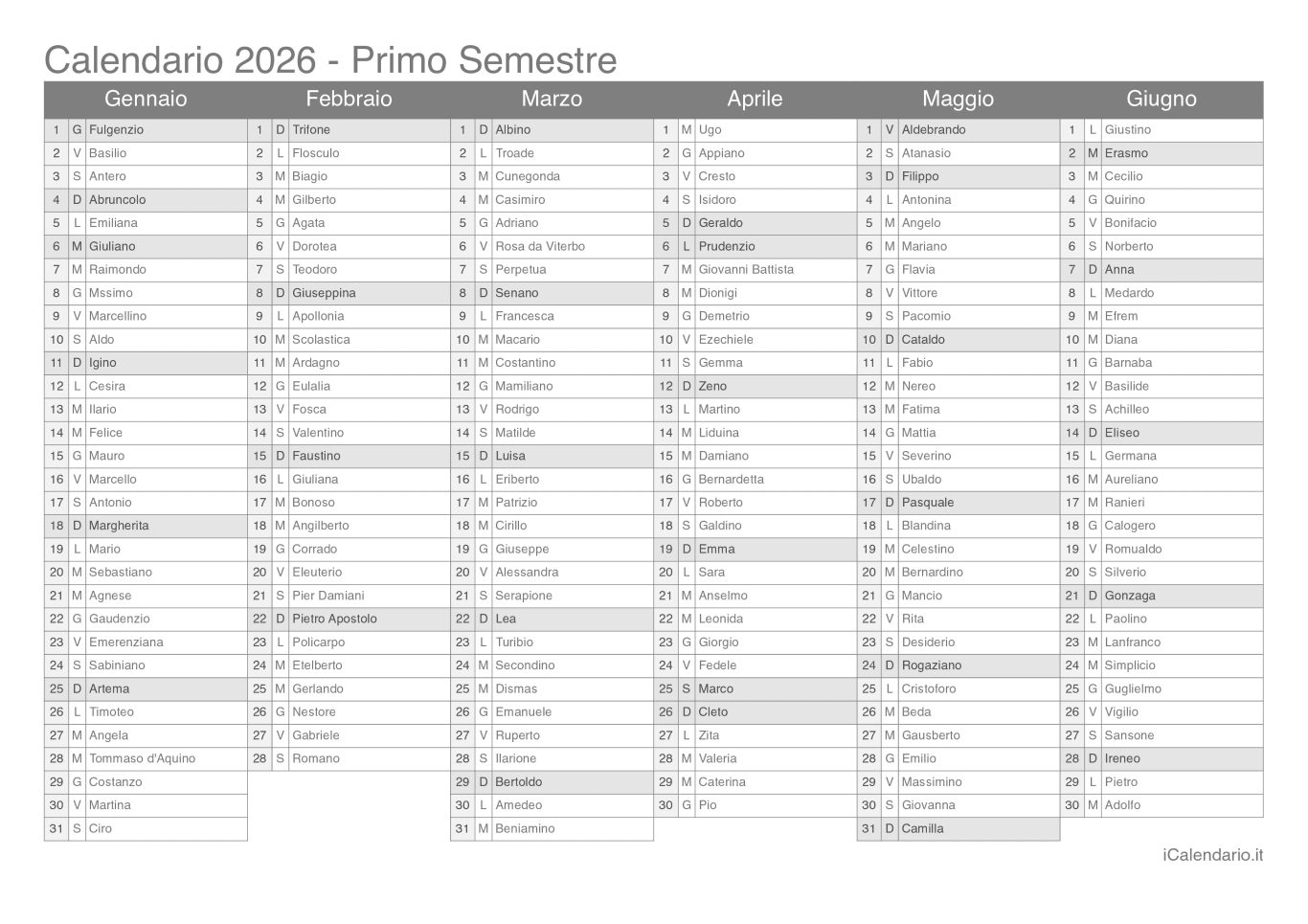 Calendario semestrale 2026 con santi e festivi