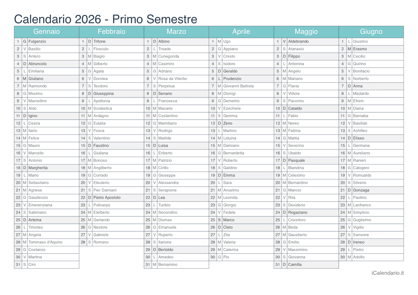 Calendario semestrale 2026 con santi e festivi - Turchese