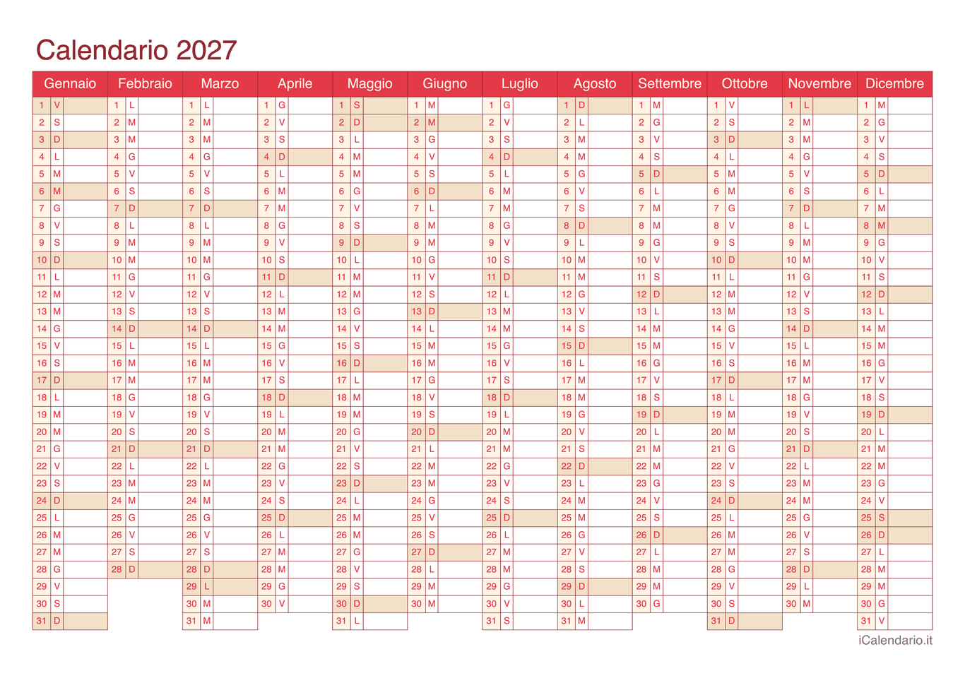 Calendario 2027 - Cherry