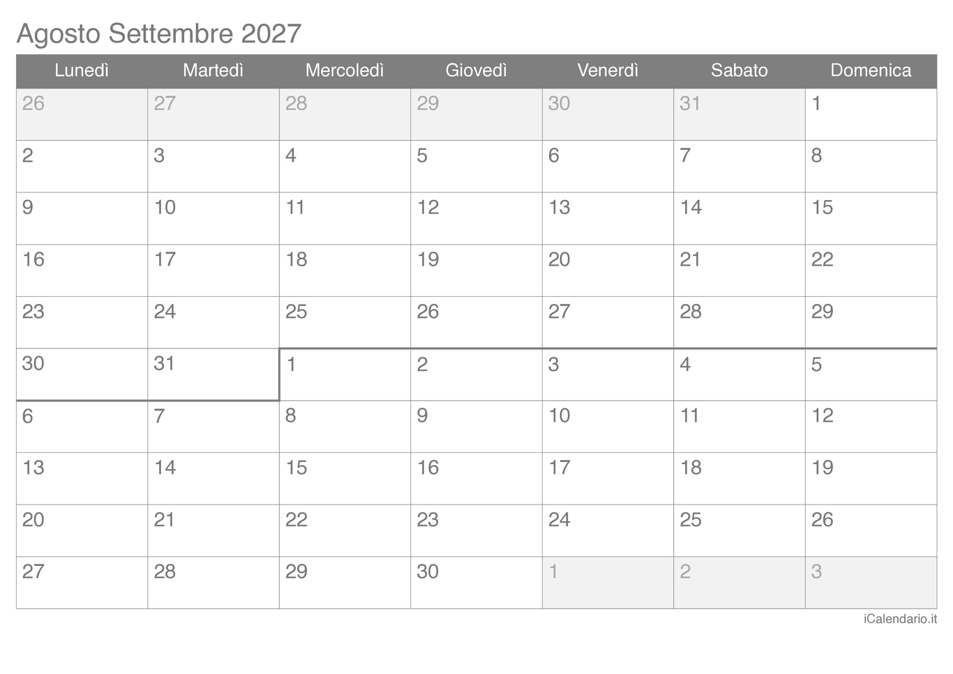 Calendario di agosto settembre 2027