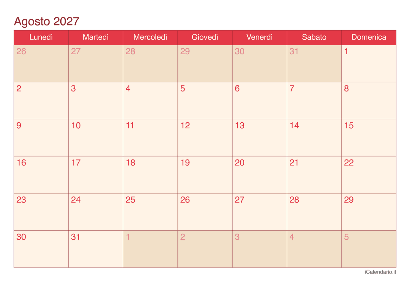 Calendario di agosto 2027 - Cherry