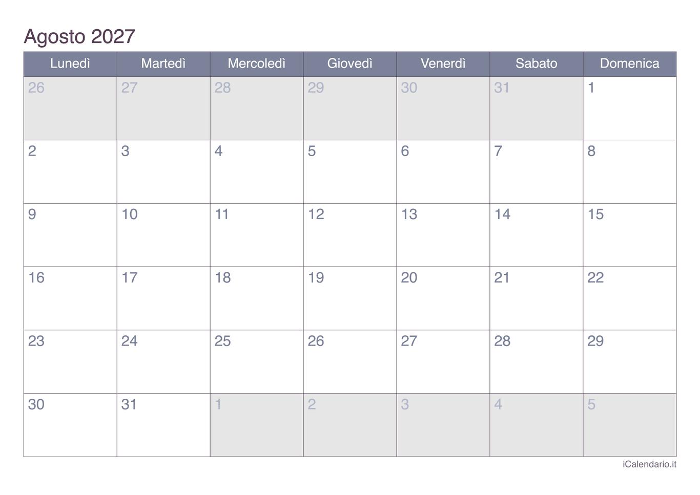 Calendario di agosto 2027 - Office