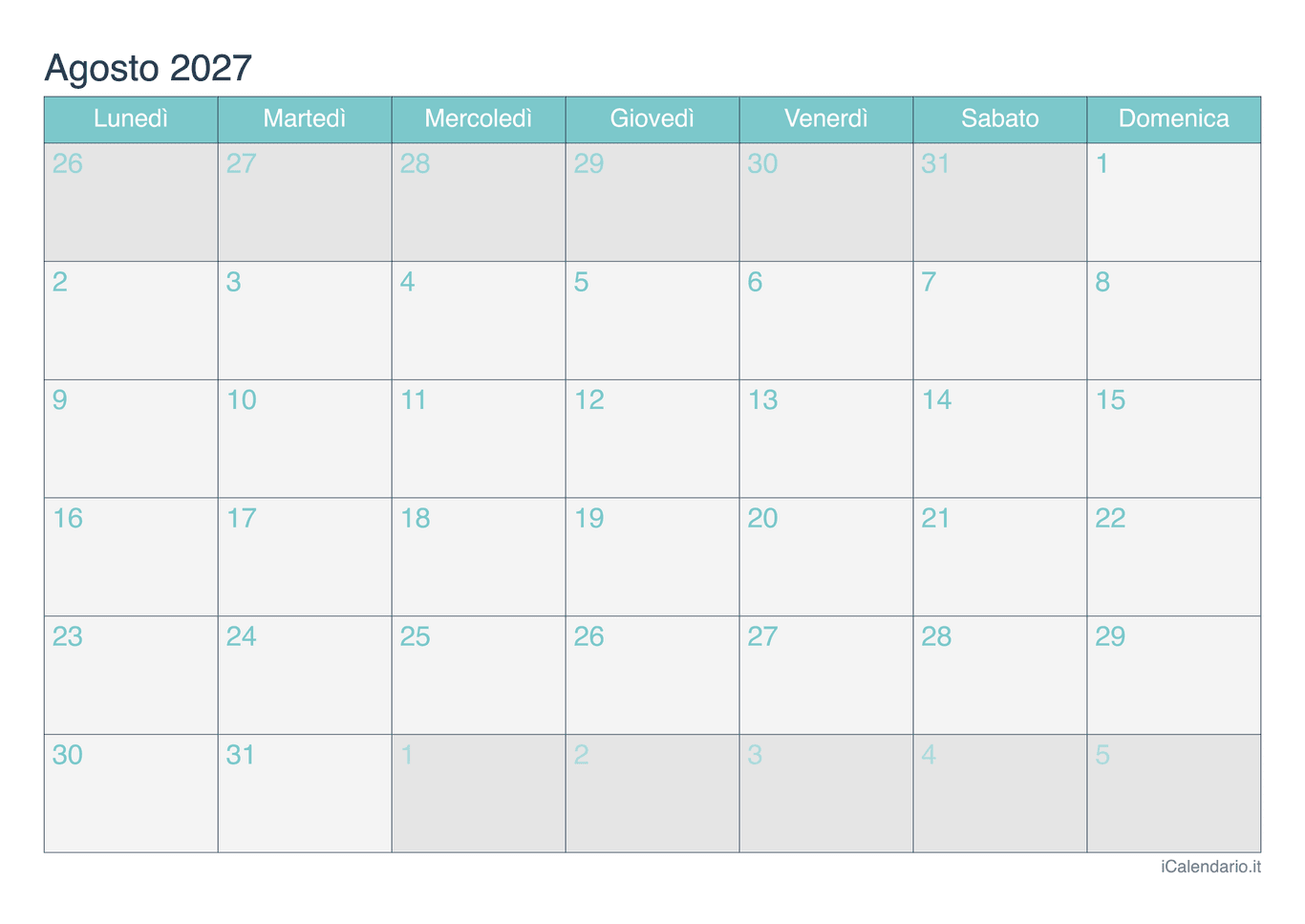 Calendario di agosto 2027 - Turchese