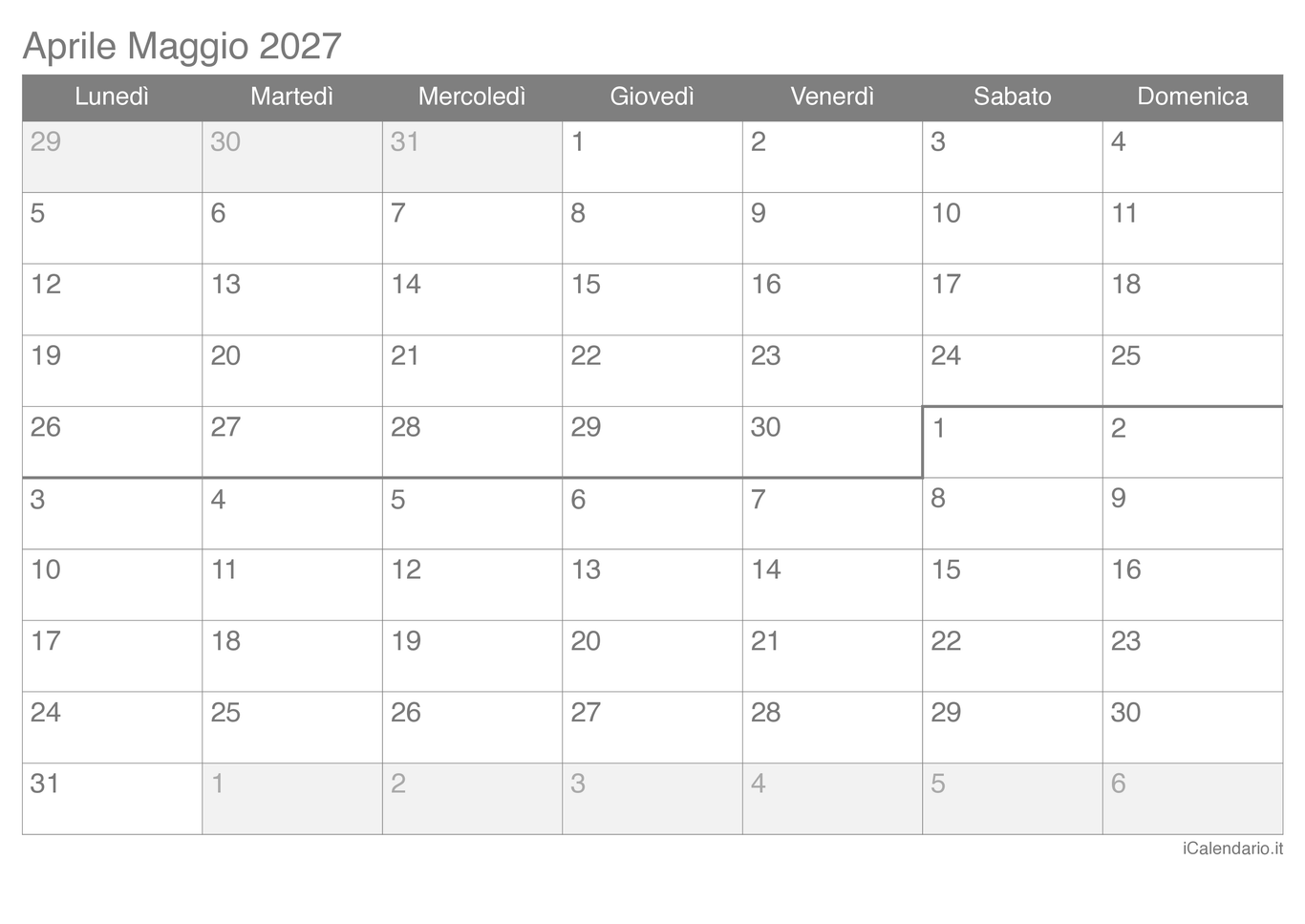 Calendario di aprile maggio 2027