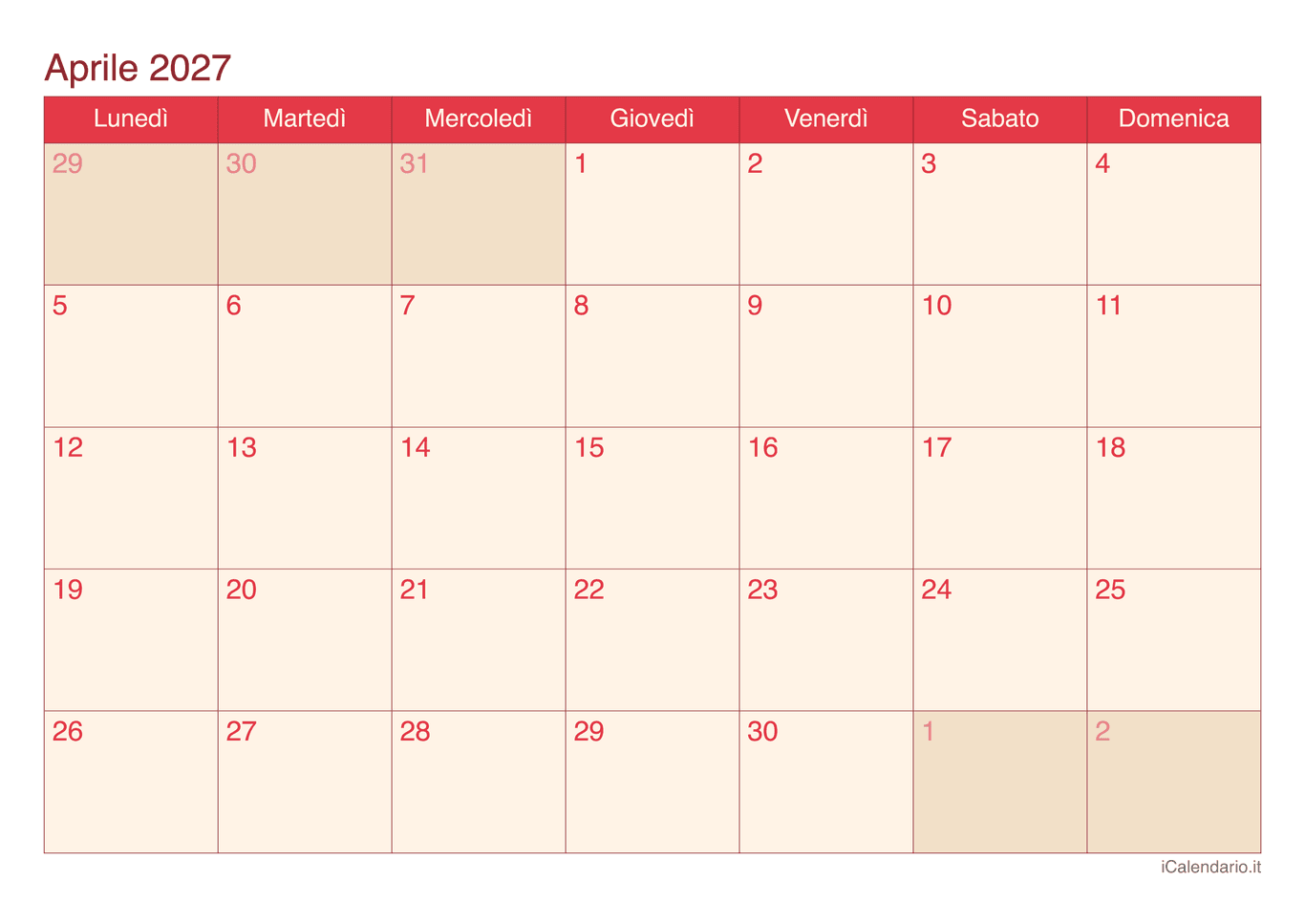 Calendario di aprile 2027 - Cherry