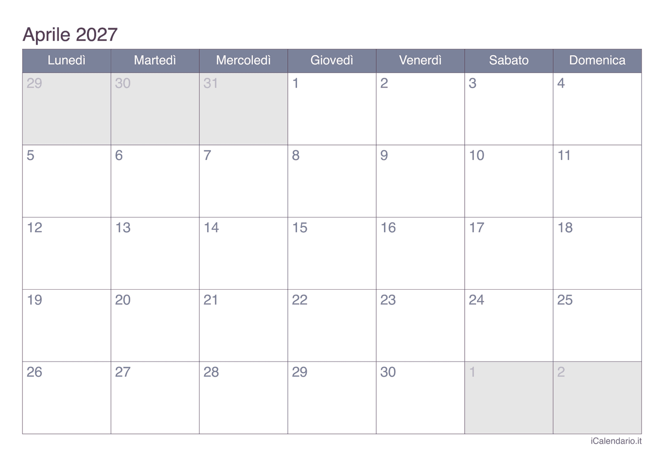 Calendario di aprile 2027 - Office