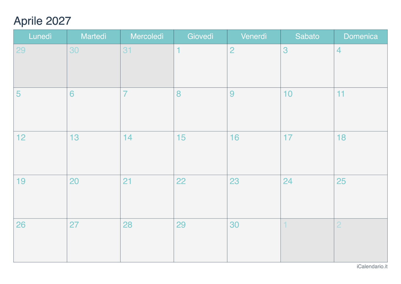 Calendario di aprile 2027 - Turchese