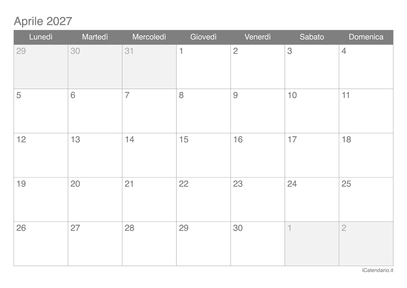 Calendario di aprile 2027