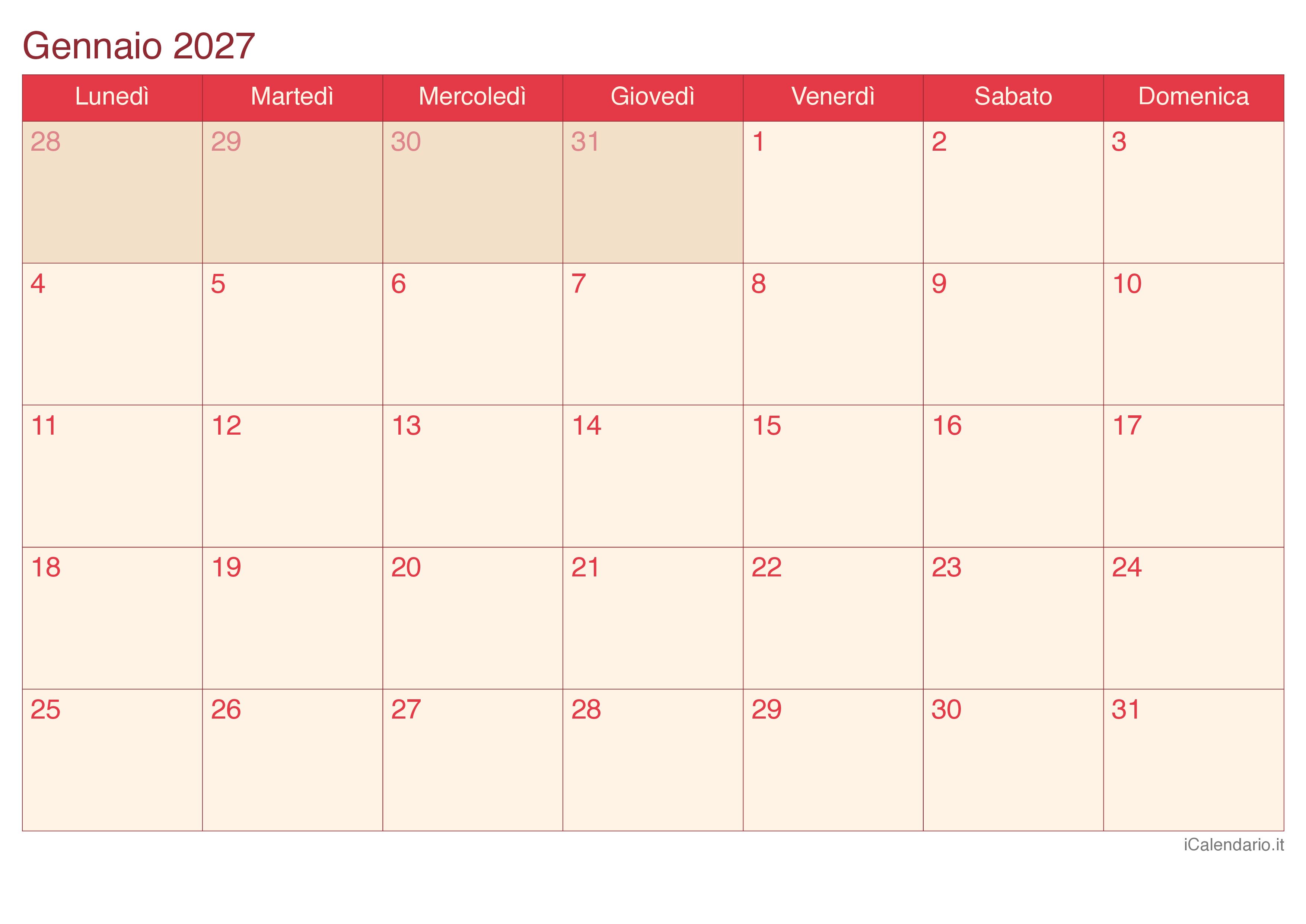 Calendario mensile 2027 - Cherry
