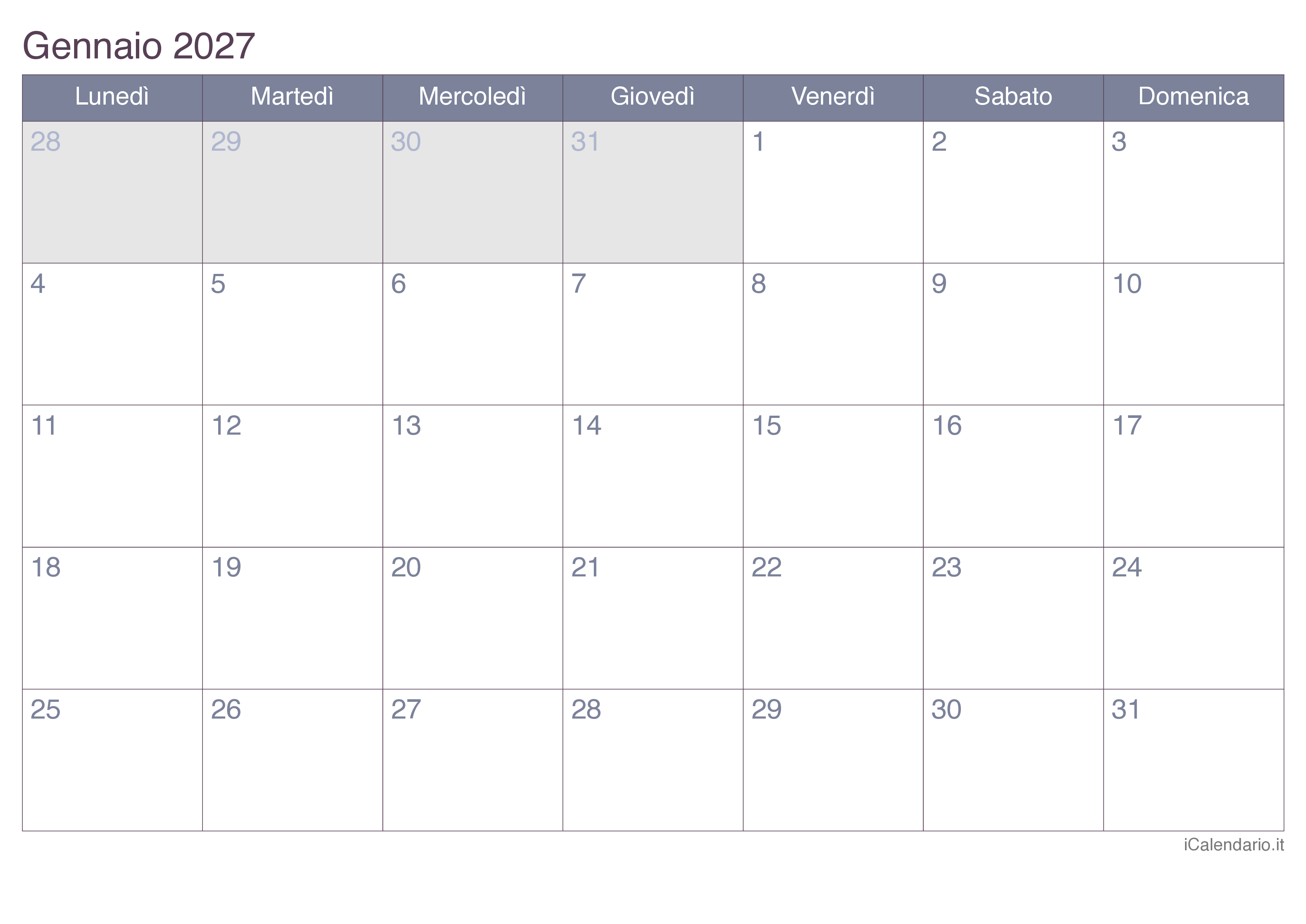 Calendario mensile 2027 - Office