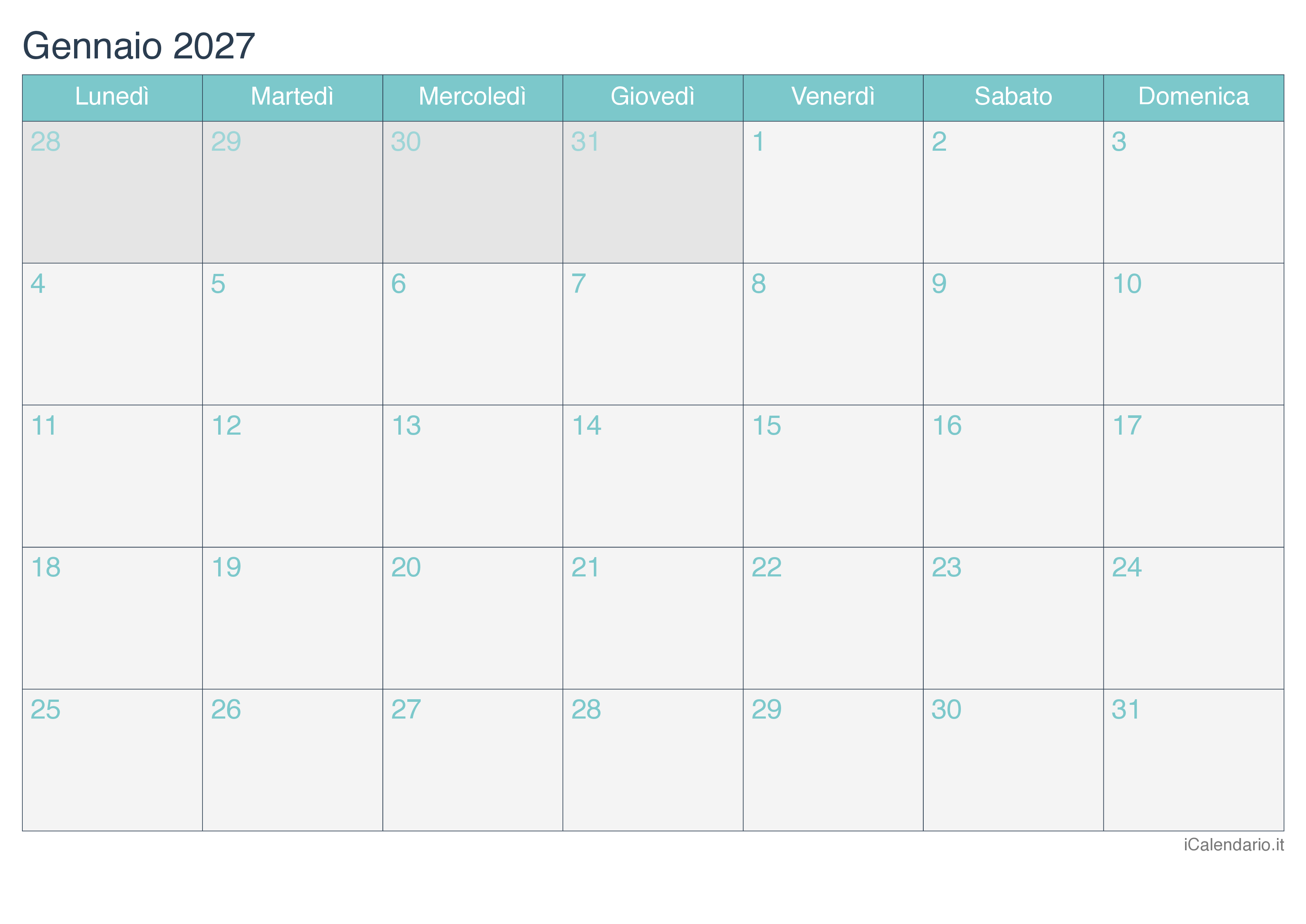 Calendario mensile 2027 - Turchese