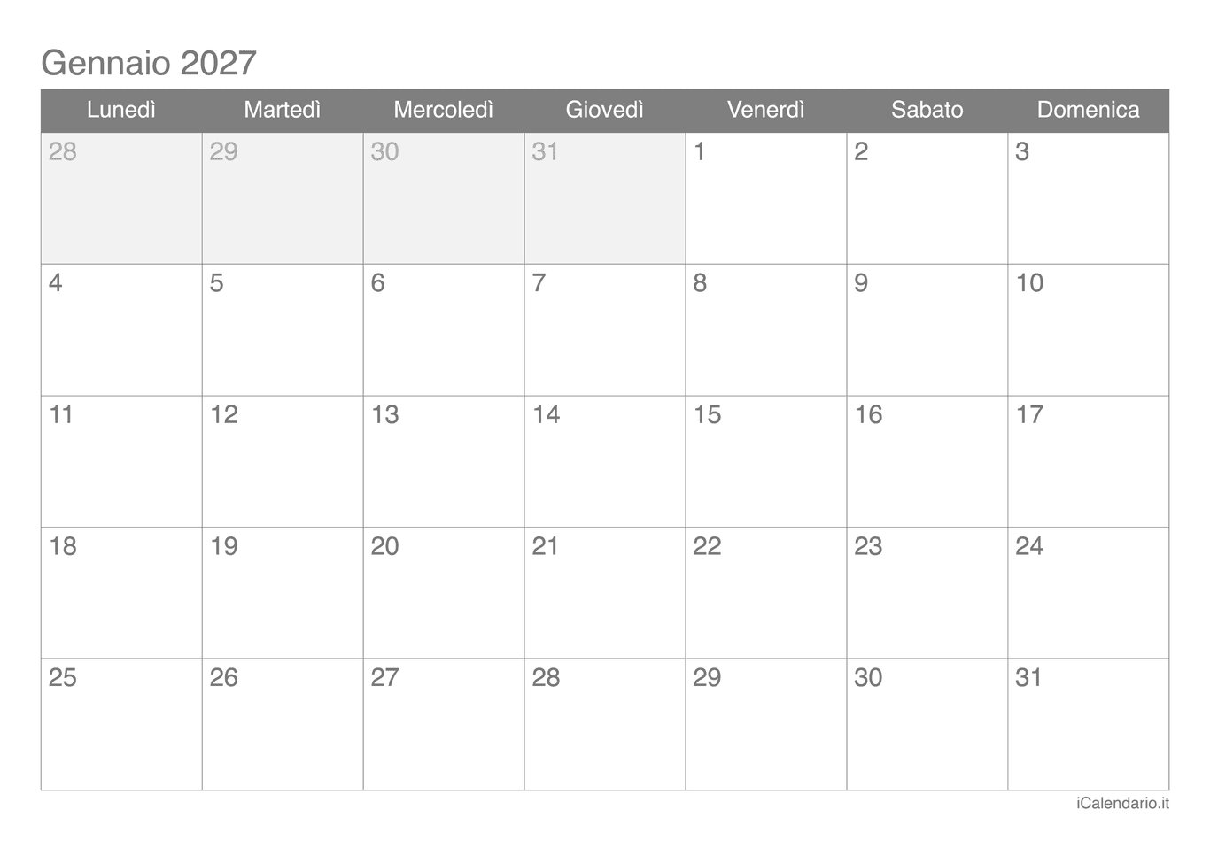 Calendario mensile 2027