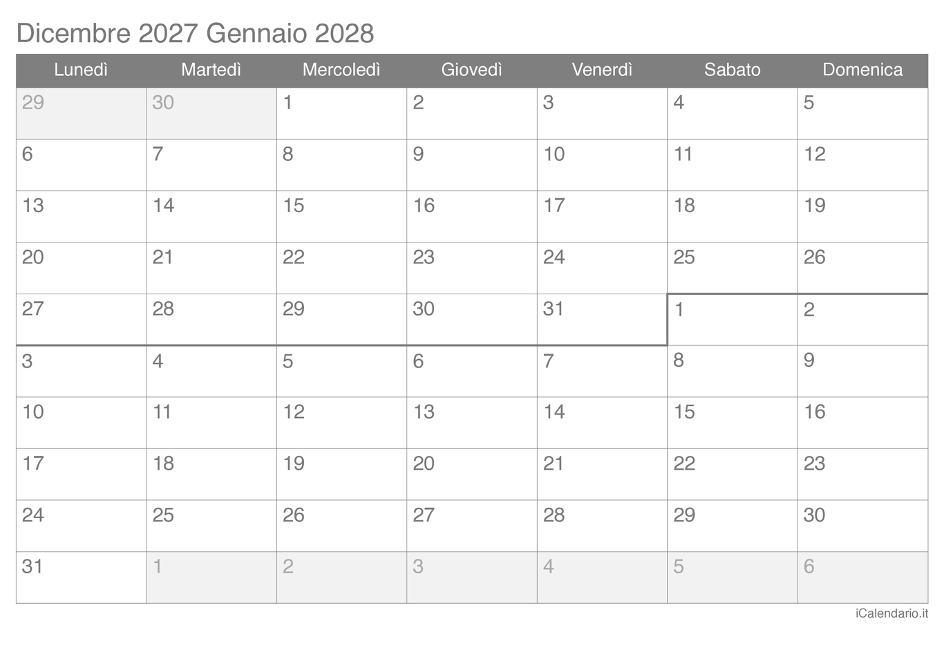 Calendario di dicembre gennaio 2027