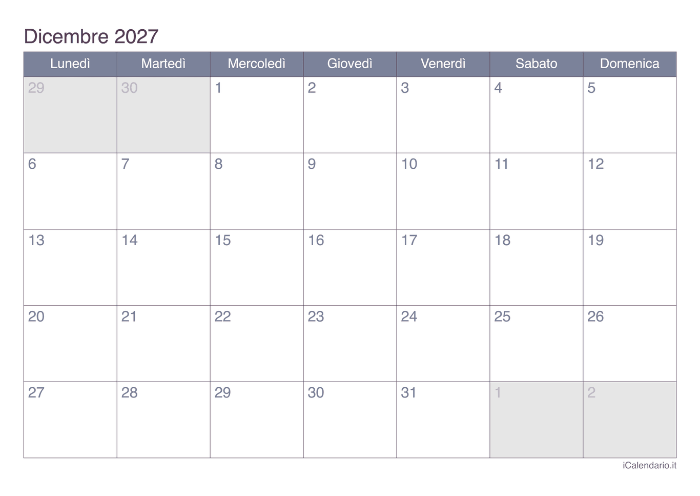 Calendario di dicembre 2027 - Office