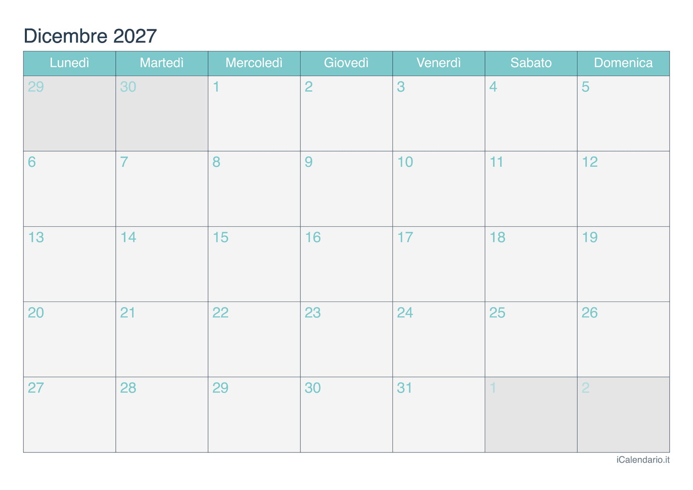 Calendario di dicembre 2027 - Turchese