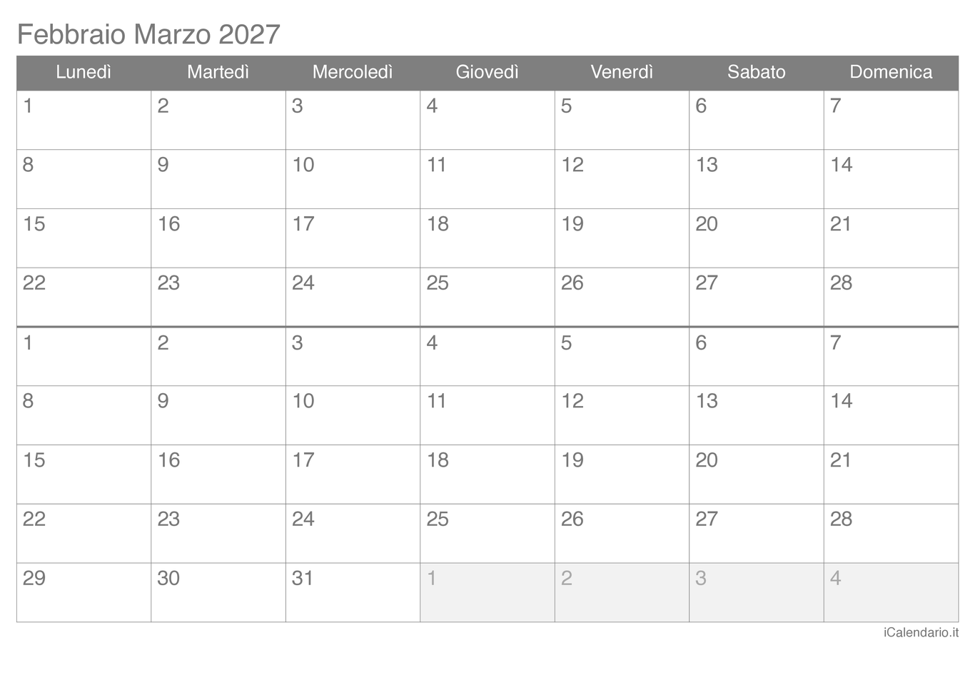 Calendario di febbraio marzo 2027
