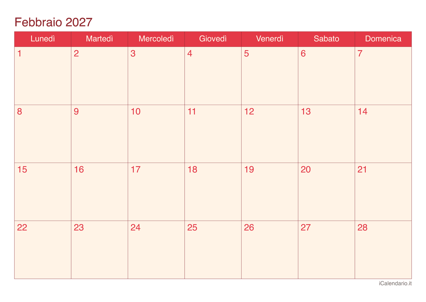 Calendario di febbraio 2027 - Cherry