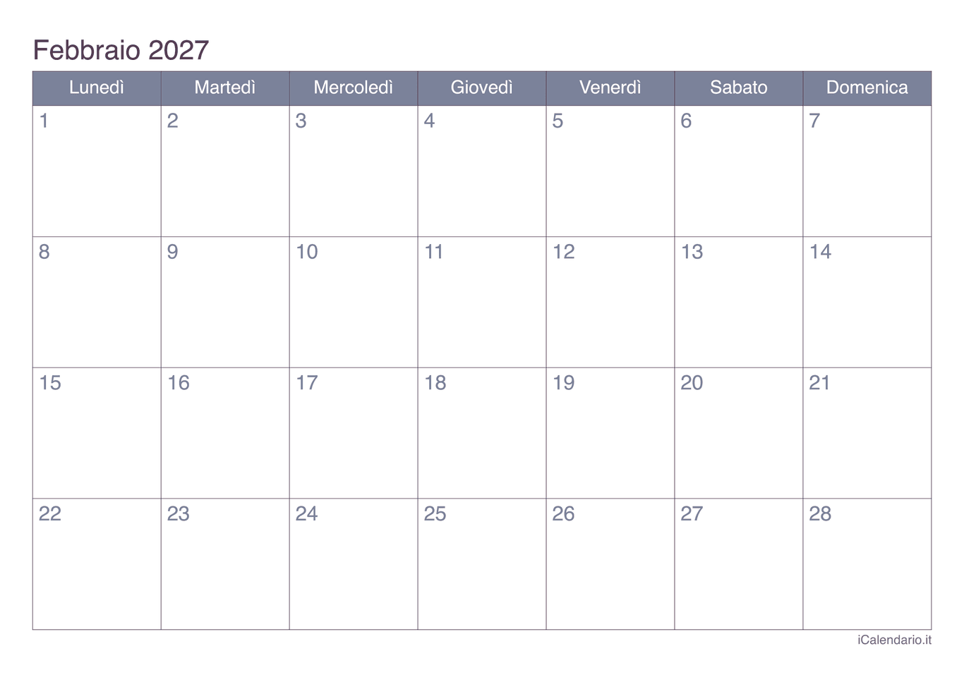 Calendario di febbraio 2027 - Office