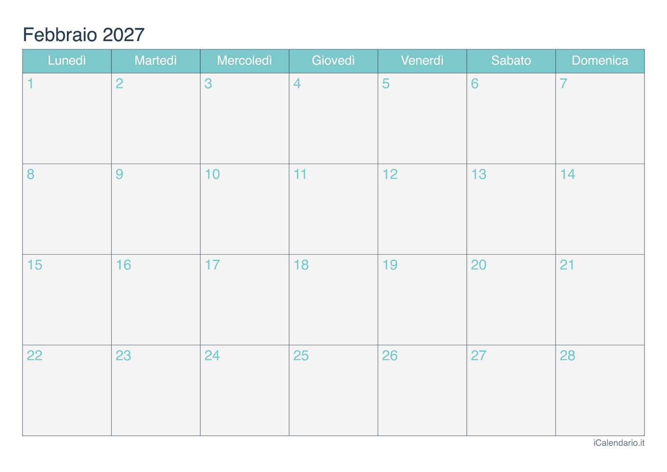 Calendario di febbraio 2027 - Turchese