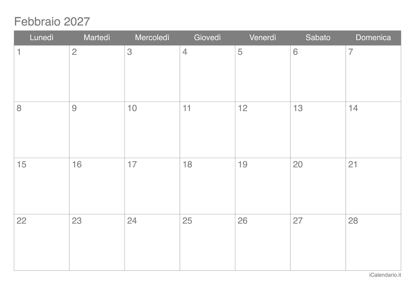 Calendario di febbraio 2027