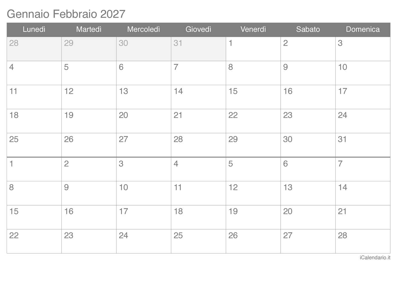 Calendario di gennaio febbraio 2027