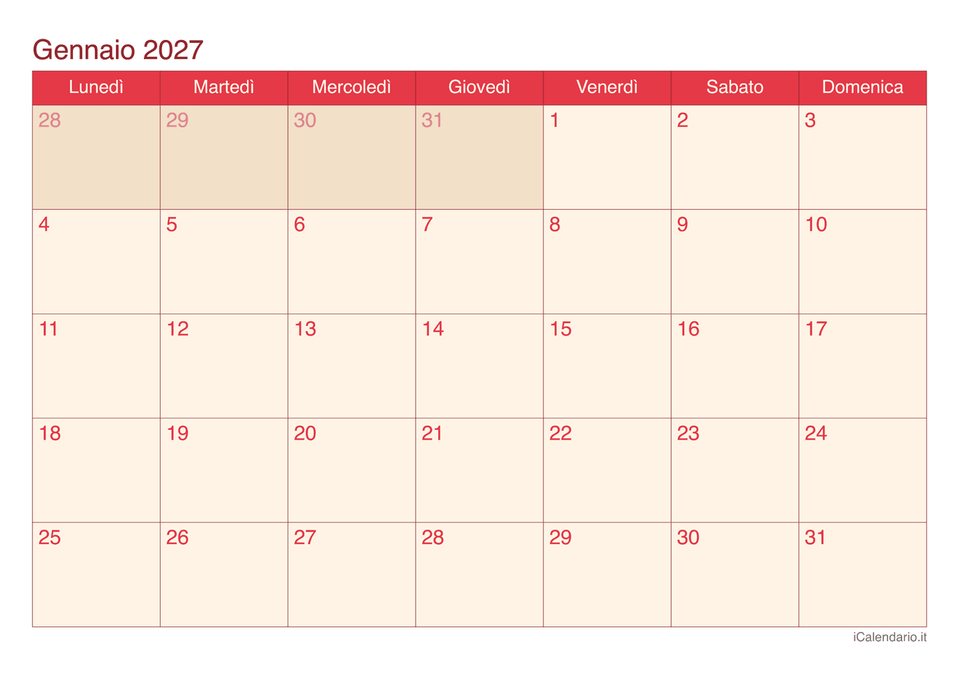 Calendario di gennaio 2027 - Cherry