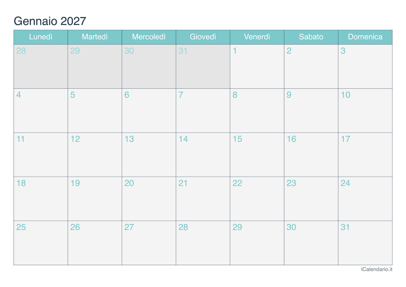 Calendario di gennaio 2027 - Turchese