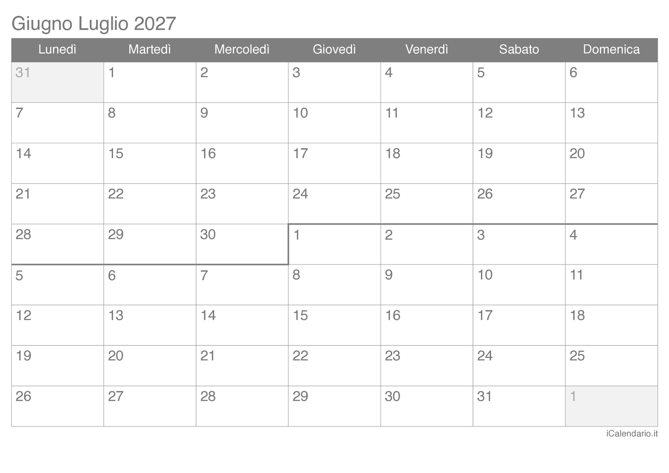 Calendario di giugno luglio 2027