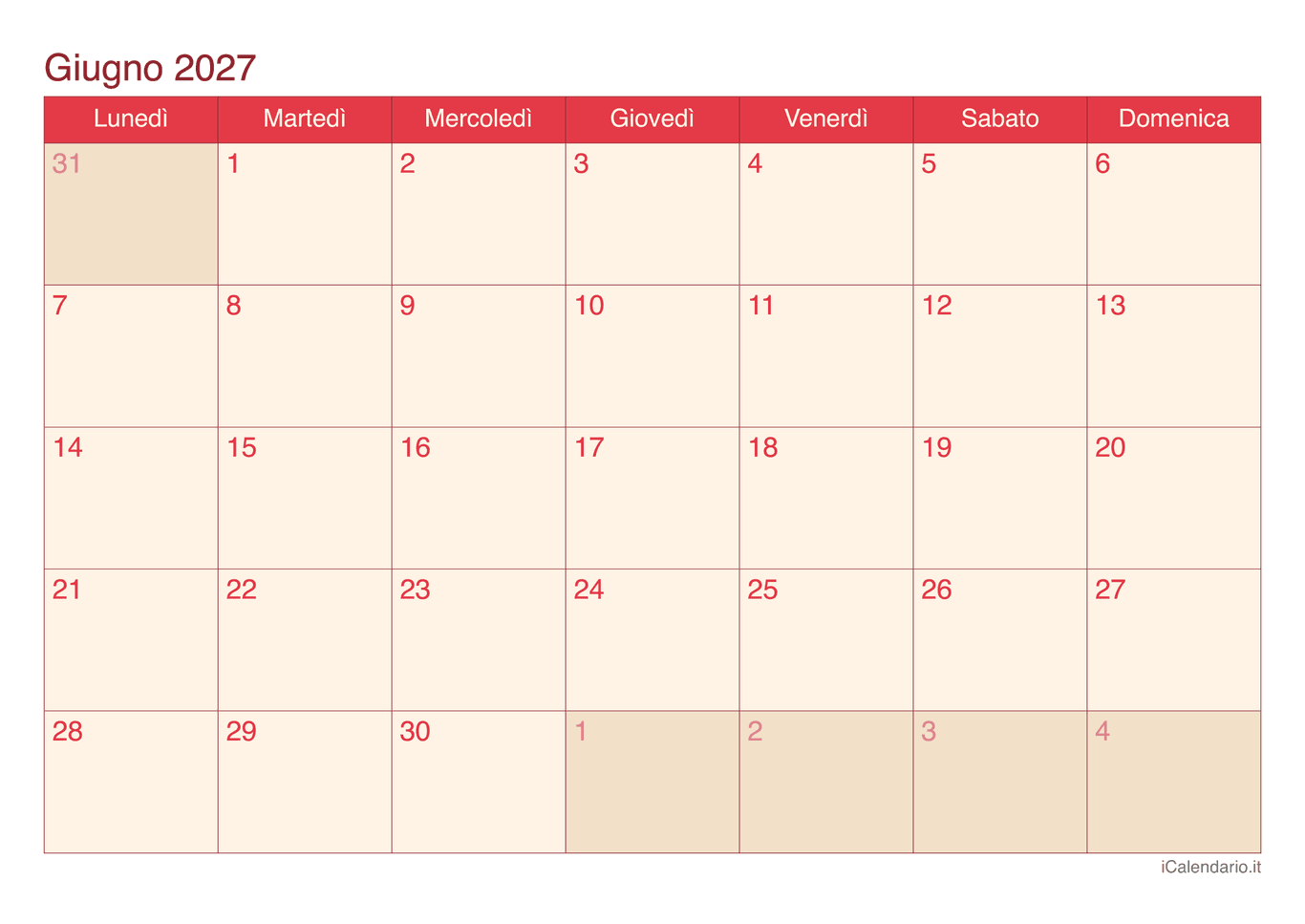 Calendario di giugno 2027 - Cherry