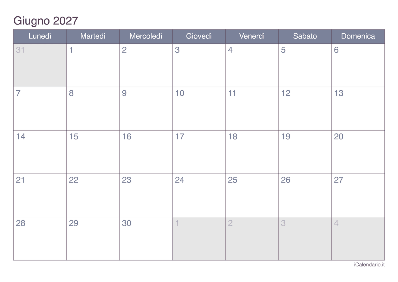 Calendario di giugno 2027 - Office