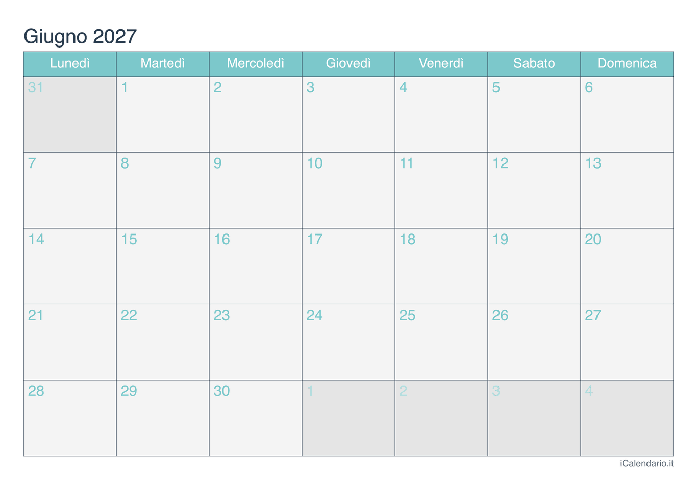 Calendario di giugno 2027 - Turchese