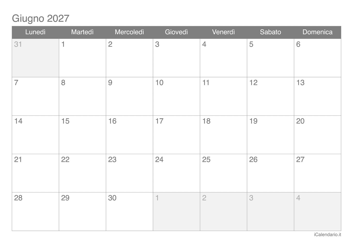 Calendario di giugno 2027