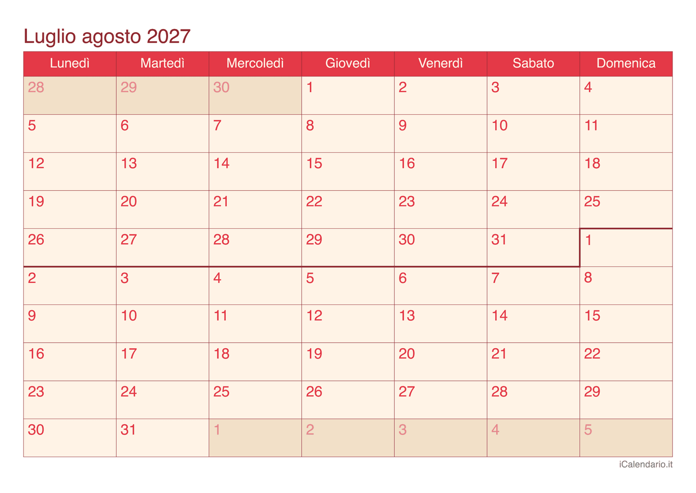 Calendario di luglio agosto 2027 - Cherry